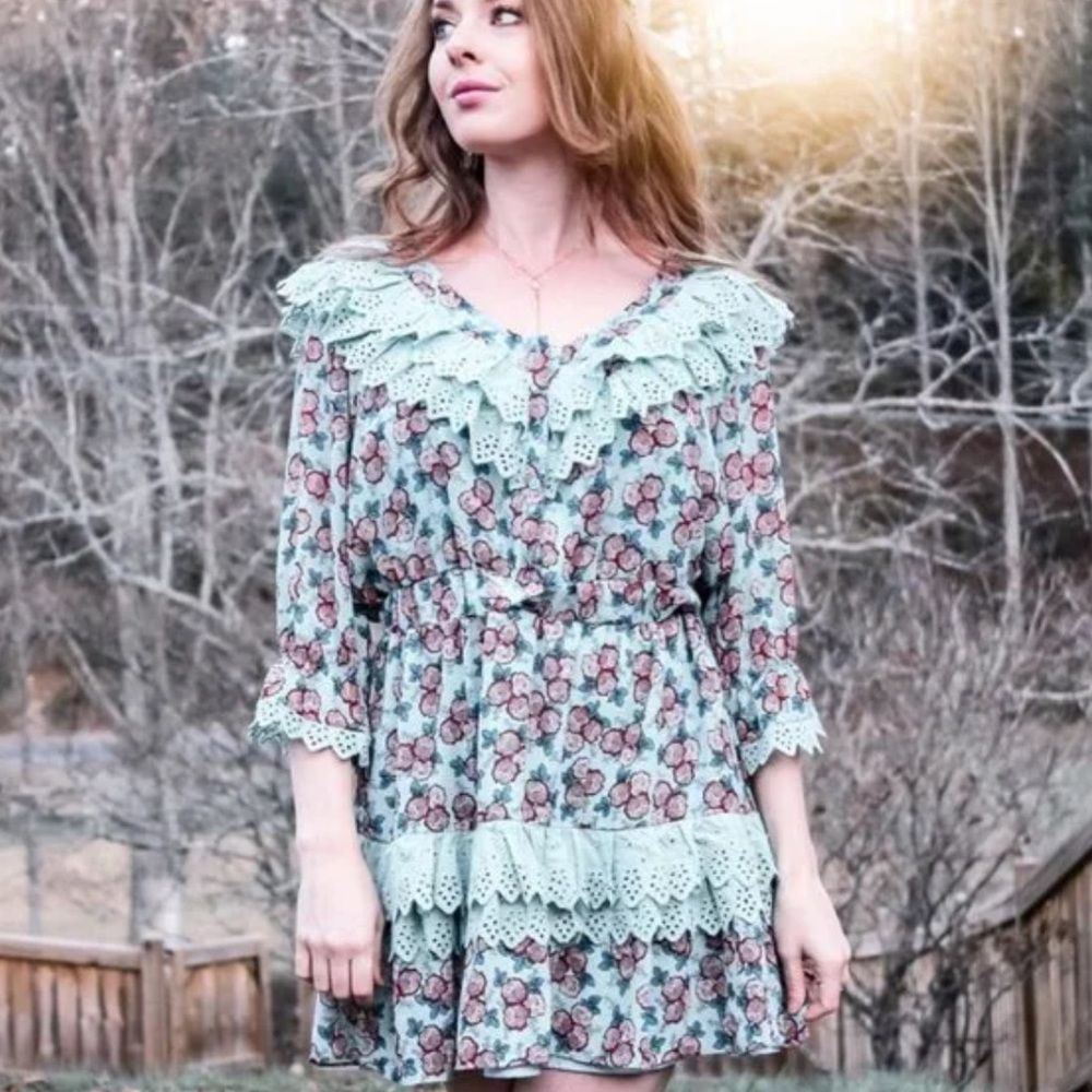 The Shirt By Rochelle Behrens Floral Blue Eyelet Mini Dress Size Large - Picture 1 of 5